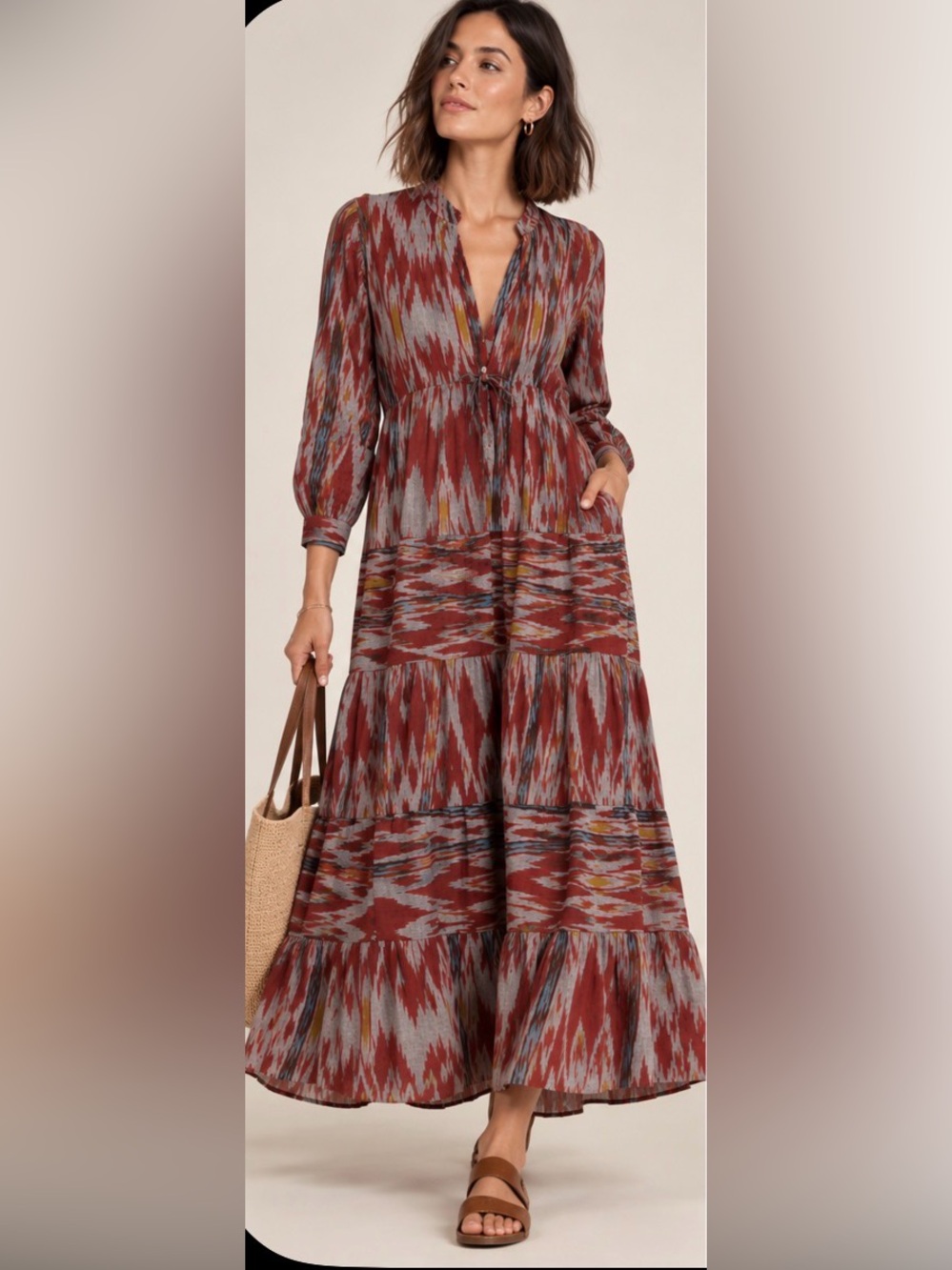 Women's Boho Tiered Maxi Dress in Rust Ikat
